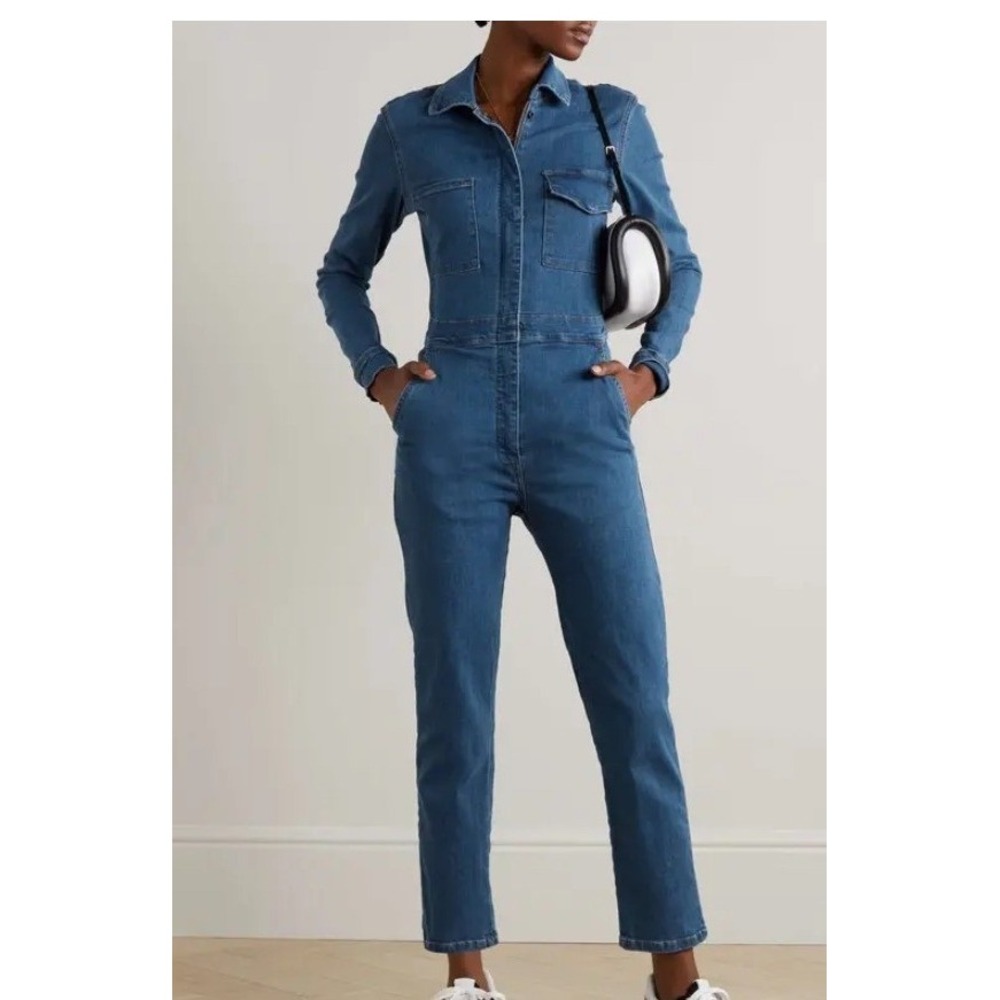 Rivet Utility Denim Jumpsuit Medium Wash Blue Long Sleeve Boiler Suit L